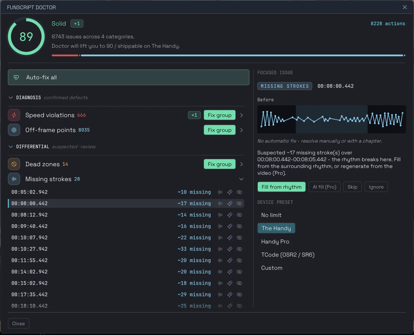 The Funscript Doctor dialog with a quality score and issue list